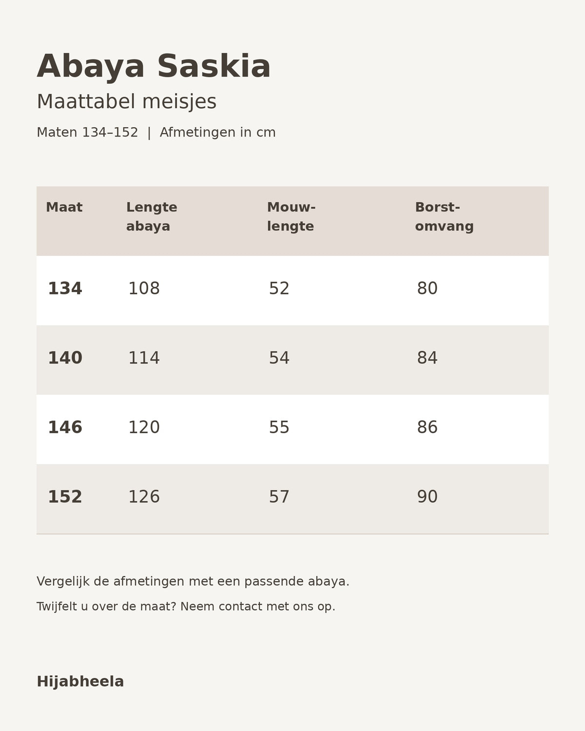 Maattabel Abaya Saskia voor meisjes – maten 134, 140, 146 en 152 in cm, Hijabheela