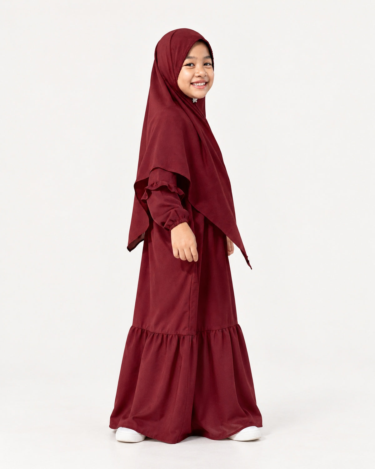Abaya Saskia voor meisjes in maroon – vooraanzicht, Hijabheela
