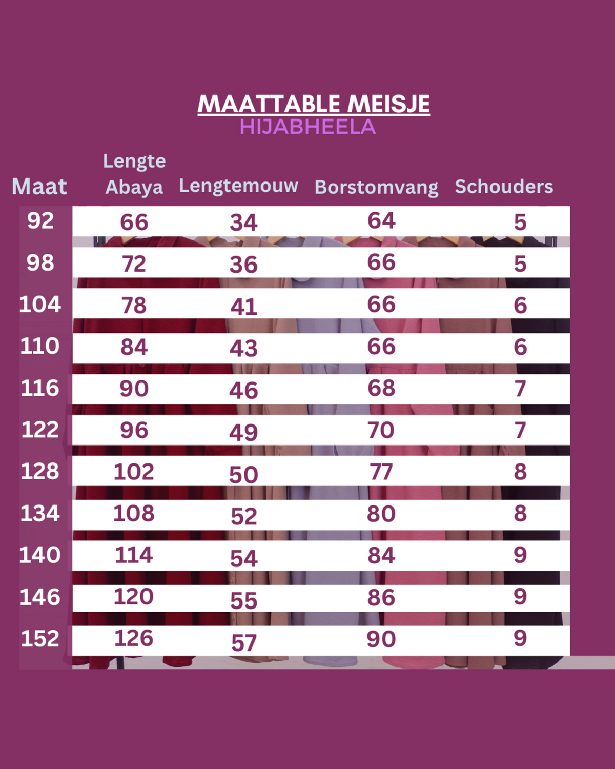 Abaya Semi voor meisjes – maattabel – Hijab Heela
