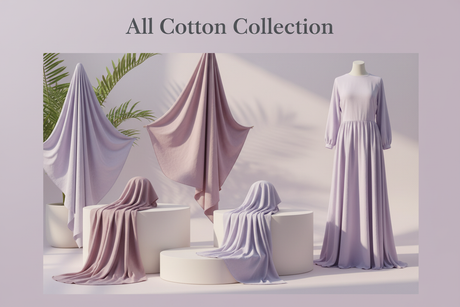 All Cotton Collection - Premium 100% katoenen hijabs en khimars met natuurlijke textuur en luxe drape in pastel paarse tinten