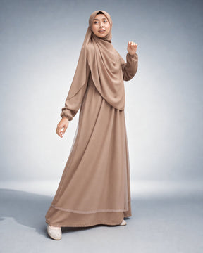 Abaya Meira voor dames in bruin met tule buitenlaag – Hijab Heela