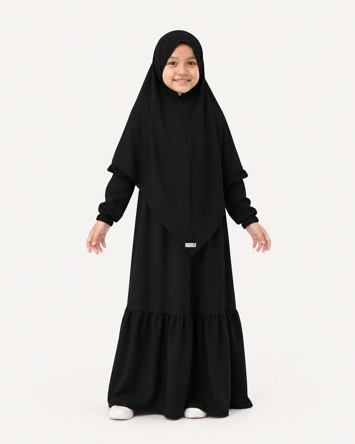 Abaya Saskia voor meisjes in black – vooraanzicht, Hijabheela