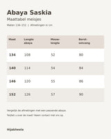 Maattabel Abaya Saskia voor meisjes – maten 134, 140, 146 en 152 in cm, Hijabheela