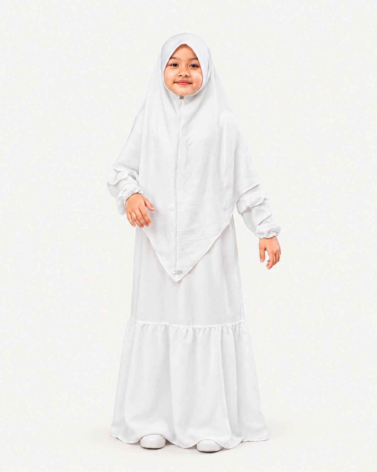 Abaya Saskia voor meisjes in white – vooraanzicht, Hijabheela