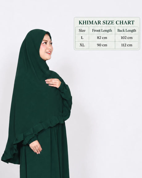 Emerald khimar with compact size chart: L front length 82 cm, back length 102 cm; XL front length 90 cm, back length 112 cm.